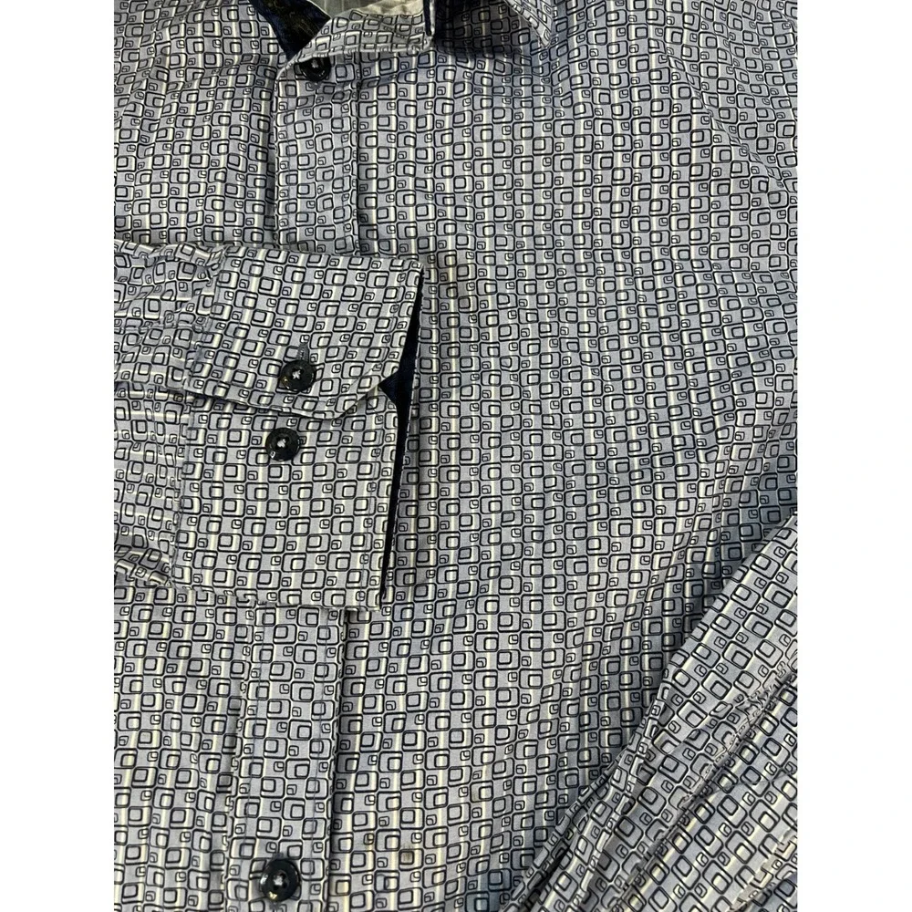 English Laundry Men Blue White Geometric Square Print Cotton Button Down Shirt L